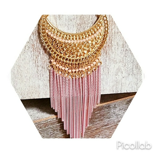 Gold Crescent with Pink Chain Fringe Necklace Set - Picture 2 of 6